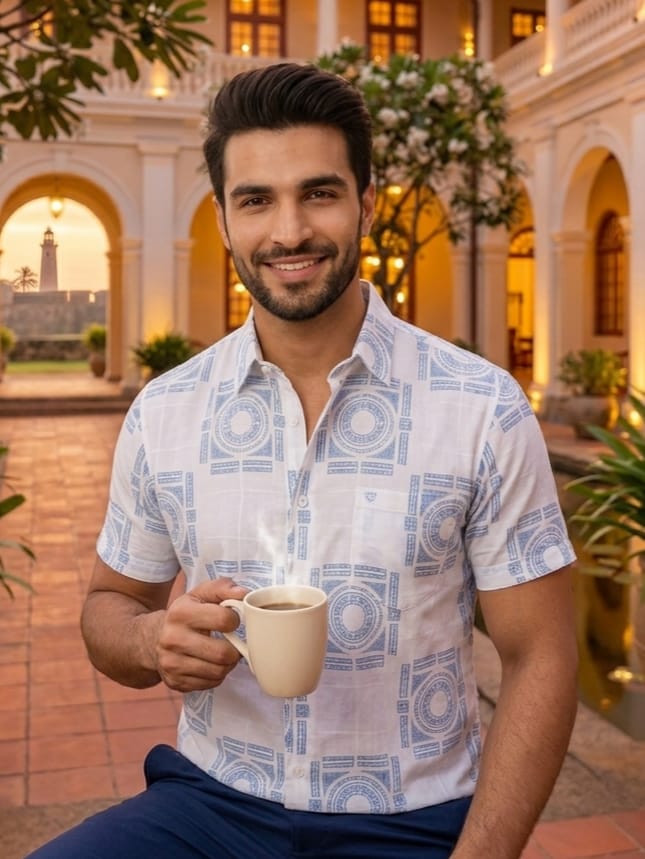 Men's White & Blue Geometric Print Half-Sleeve Shirt (M, L, XL, XXL) Wholesale Only